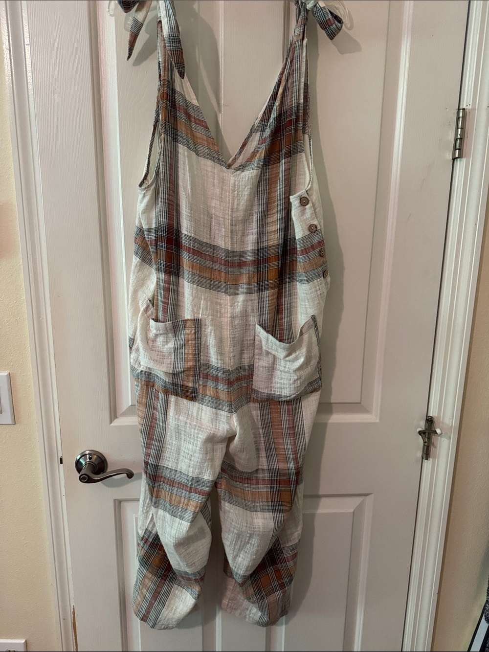 Free People Cream Plaid Tie-Shoulder Cotton Jumpsuit